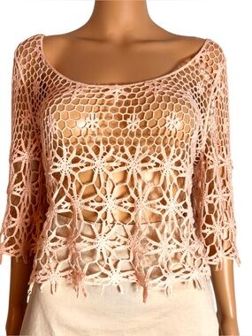 Coco Love Crochet Openwork Scoop-Neck Top in Light peachy pink size M/L
